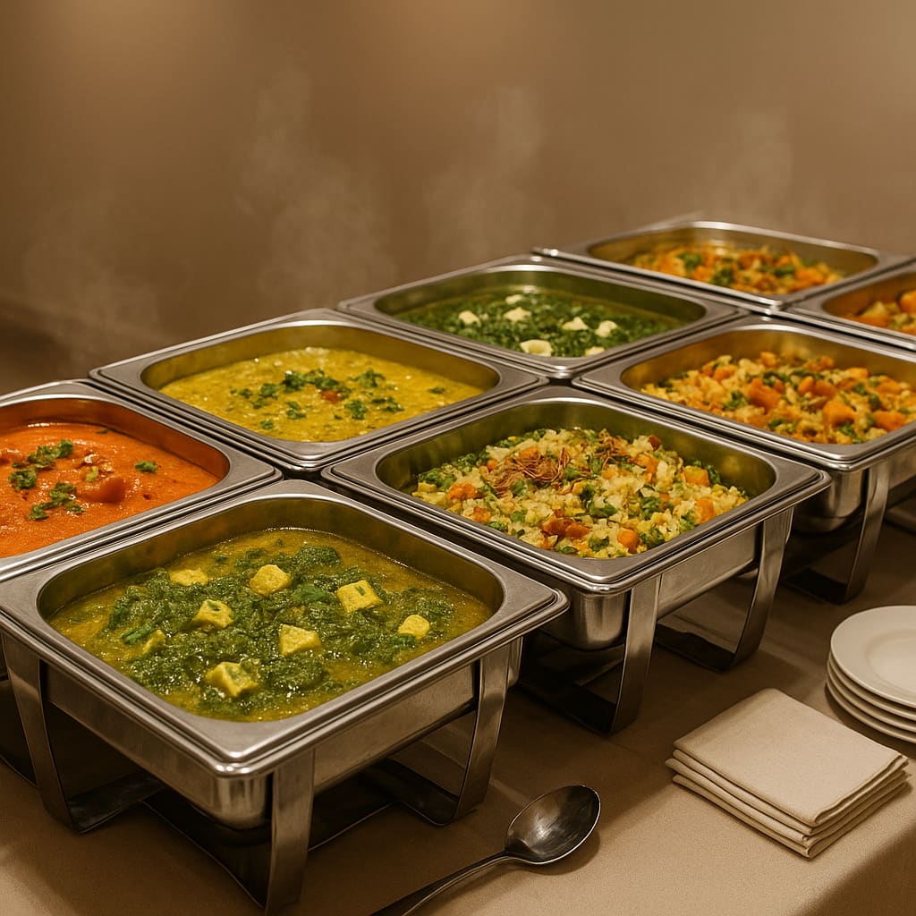 Indisches Catering-Buffet mit Edelstahlbehältern