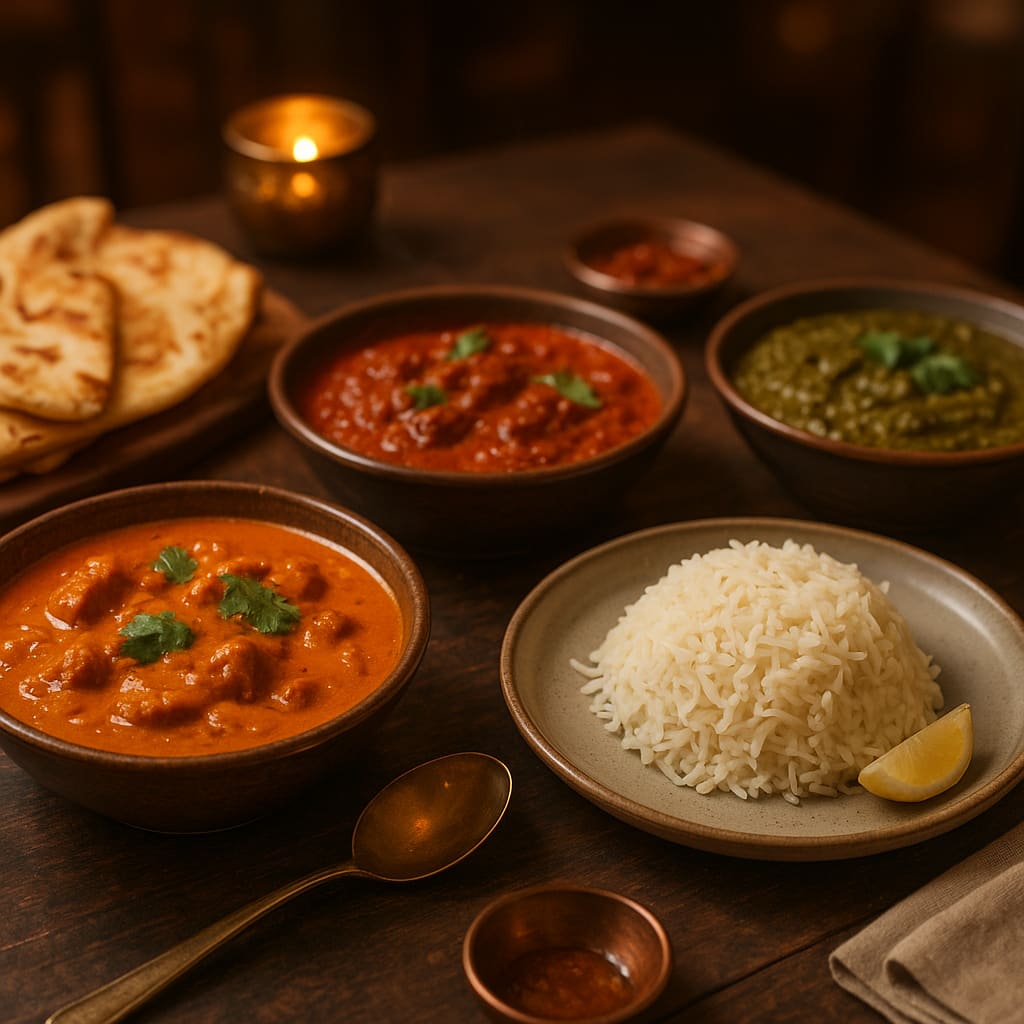 Gemütlich gedeckter Tisch mit indischen Speisen
