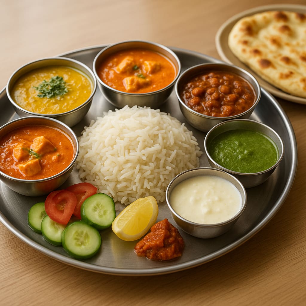 Nahaufnahme eines indischen Thali mit Currys, Reis und Naan